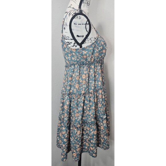 Bloomfield A-Line Floral Teal Brown Cream Spaghetti Strap Ruffled Sundress Large - Picture 5 of 12